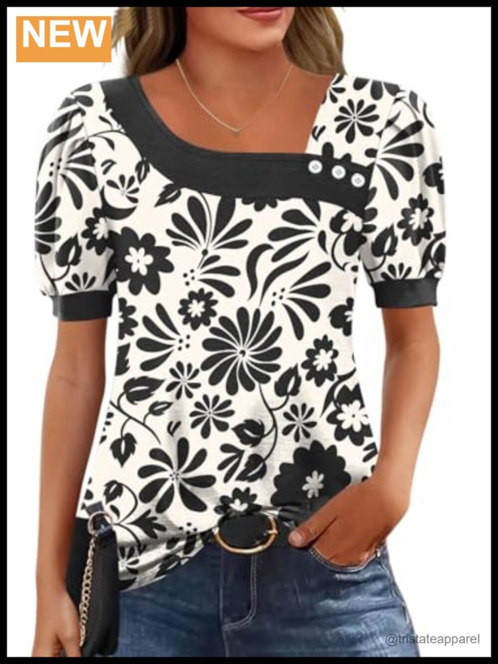 LOMON Women's Asymmetrical Neck Puff Sleeve Blouse Business Top